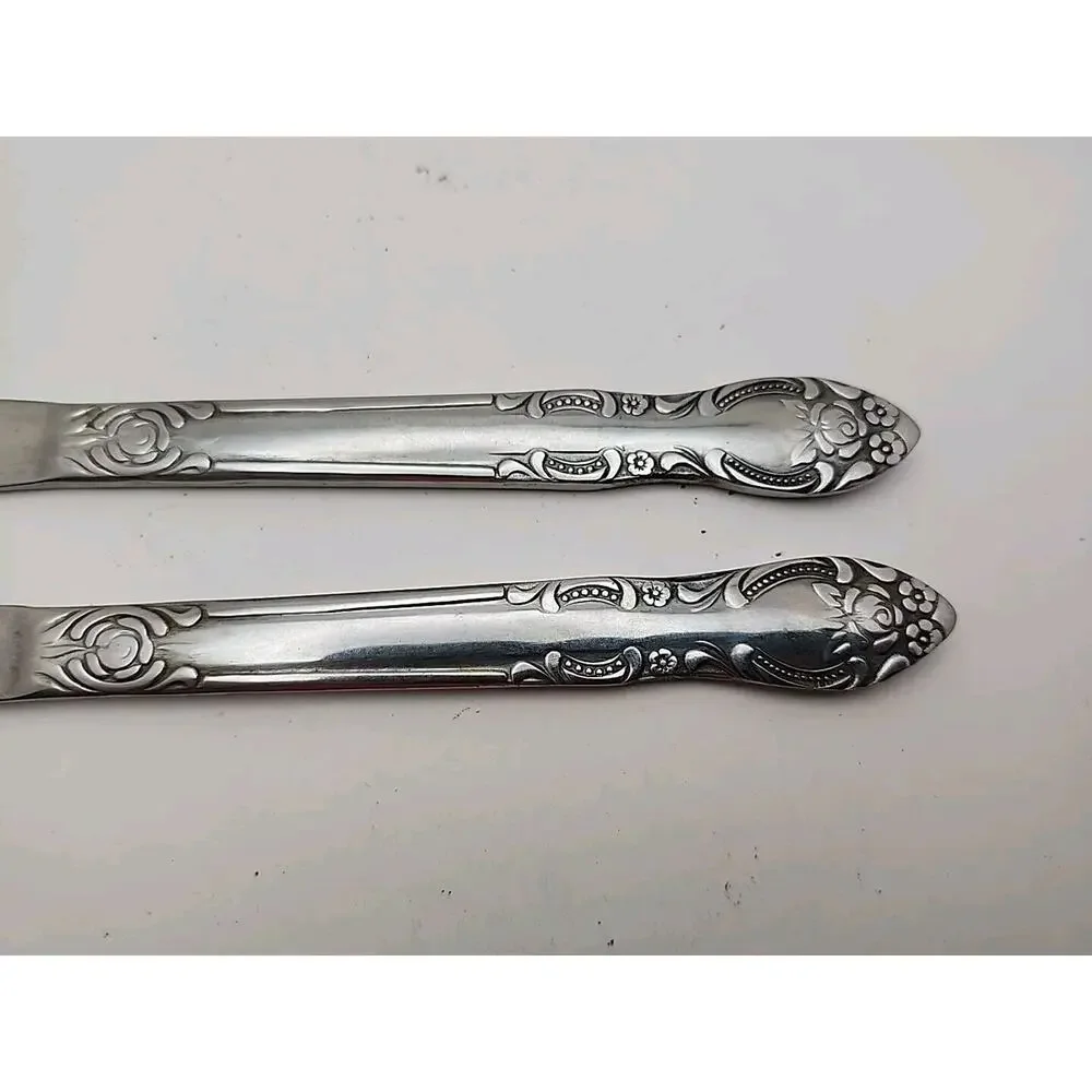 2 Vtg Stainless Steel FLATWARE Butter Knives Ornate Rose Floral Handle Japan